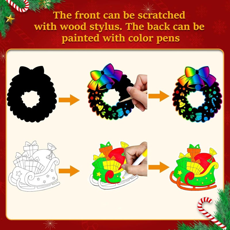 Garma 36Pcs Christmas Crafts Scratch Art for Kids, Rainbow Scratch Paper Christmas Ornaments Crafts Christmas Party Favors Toys Xmas Tree Ornaments Hanging Craft Art Kits - Image 5